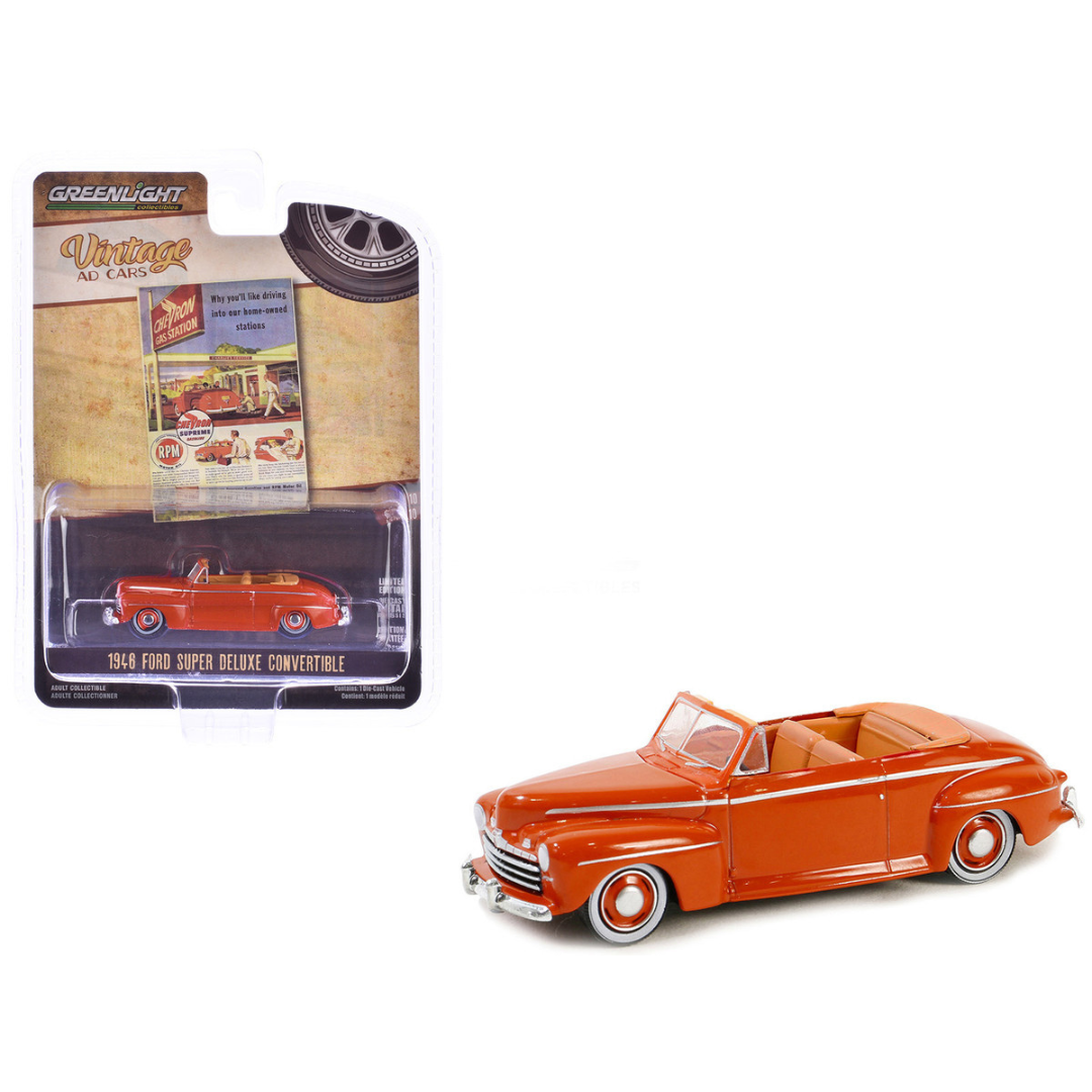 1946 Ford Super Deluxe Convertible Orange "Chevron Supreme" "Vintage Ad Cars" Series 10 1/64 Diecast Model Car