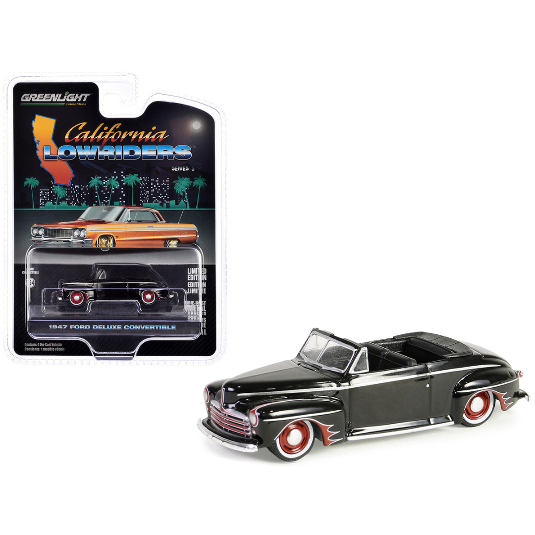 1947 Ford Deluxe Convertible Lowrider Black with Red Graphics "California Lowriders" Series 5 1/64 Diecast Model Car