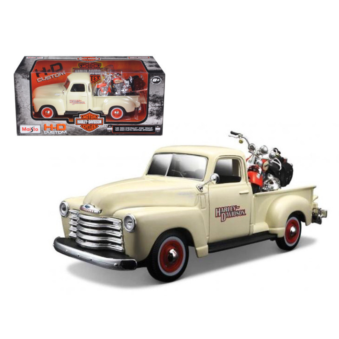1950 Chevrolet 3100 Pickup 1/25 and 2001 FLSTS Heritage Springer Motorcycle 1/24 "Harley-Davidson Custom" Diecast