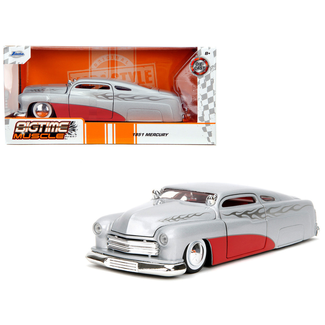 1951 Mercury Silver Metallic and Red with Flame Graphics and Red Interior "Bigtime Muscle" Series 1/24 Diecast Model Car