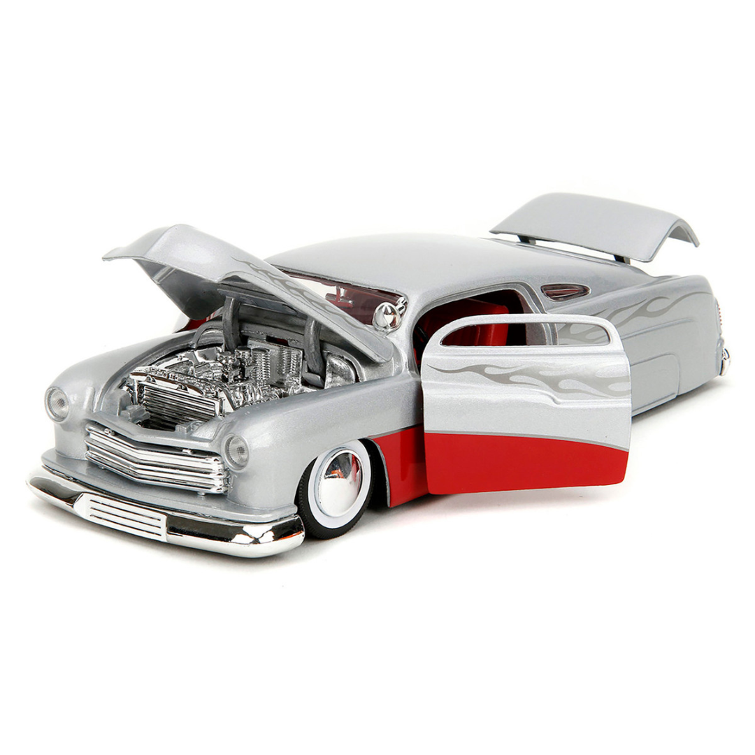 1951 Mercury Silver Metallic and Red with Flame Graphics and Red Interior "Bigtime Muscle" Series 1/24 Diecast Model Car