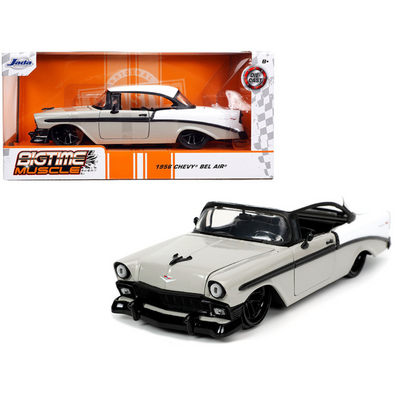 1956-chevrolet-bel-air-gray-and-white-bigtime-muscle-1-24-diecast-model-car