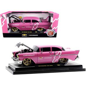 1957-chevrolet-150-sedan-medium-pink-with-black-hood-and-graphics-1-24-diecast-model-car