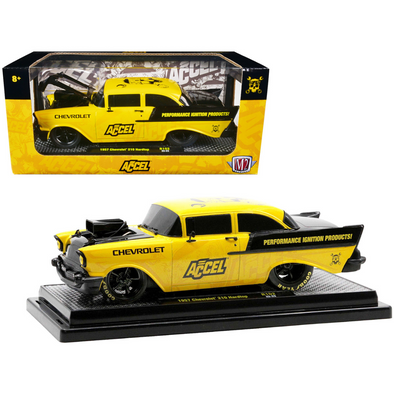 1957-chevrolet-210-hardtop-yellow-and-black-with-graphics-accel-1-24-diecast-model-car