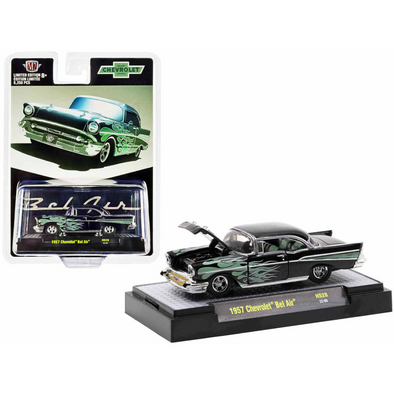 1957-chevrolet-bel-air-black-metallic-with-green-flames-1-64-diecast-model-car
