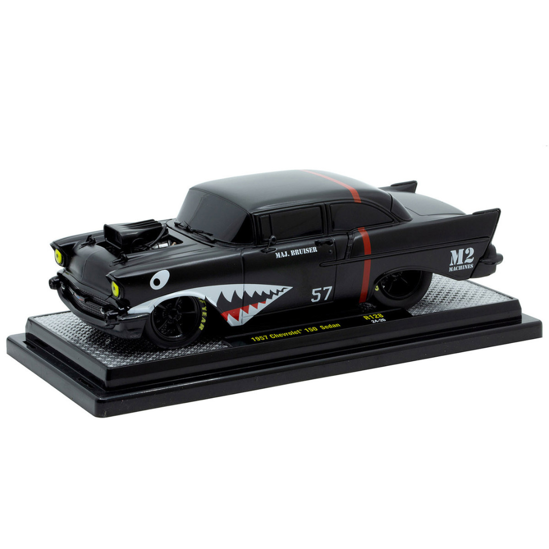 1957 Chevrolet 150 Sedan "Maj. Bruiser" Matt Black with Red Stripe and Shark Mouth Graphics Limited Edition to 6650 pieces Worldwide 1/24 Diecast Model Car