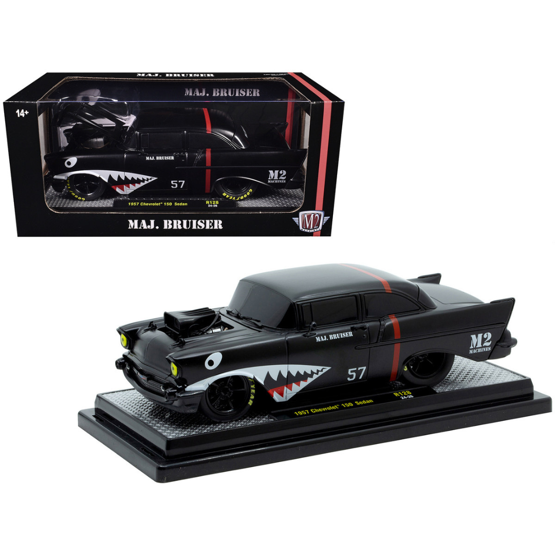 1957 Chevrolet 150 Sedan "Maj. Bruiser" Matt Black with Red Stripe and Shark Mouth Graphics Limited Edition to 6650 pieces Worldwide 1/24 Diecast Model Car