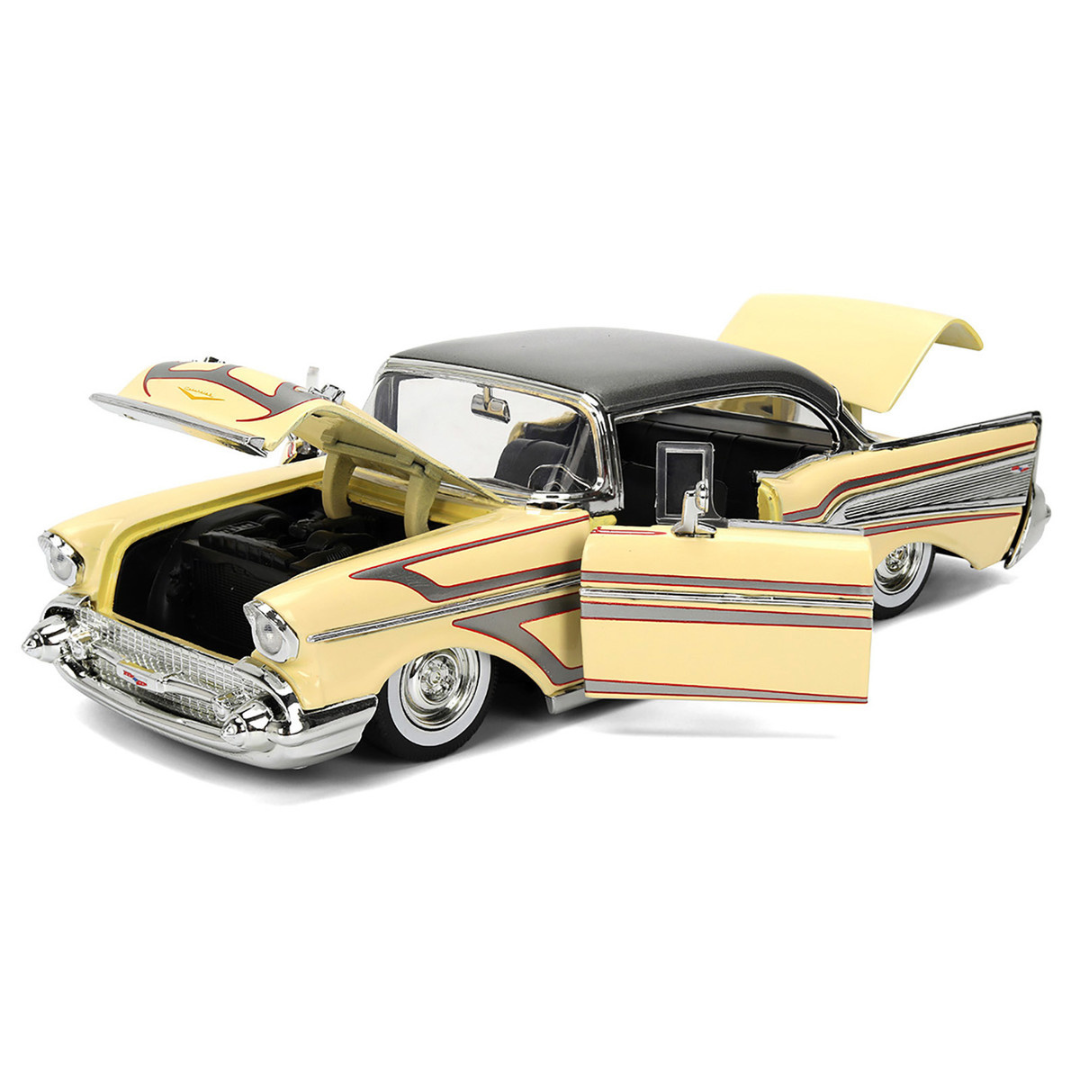 1957 Chevrolet Bel Air Cream with Graphics and Gray Metallic Top "Bigtime Muscle" Series 1/24 Diecast Model Car