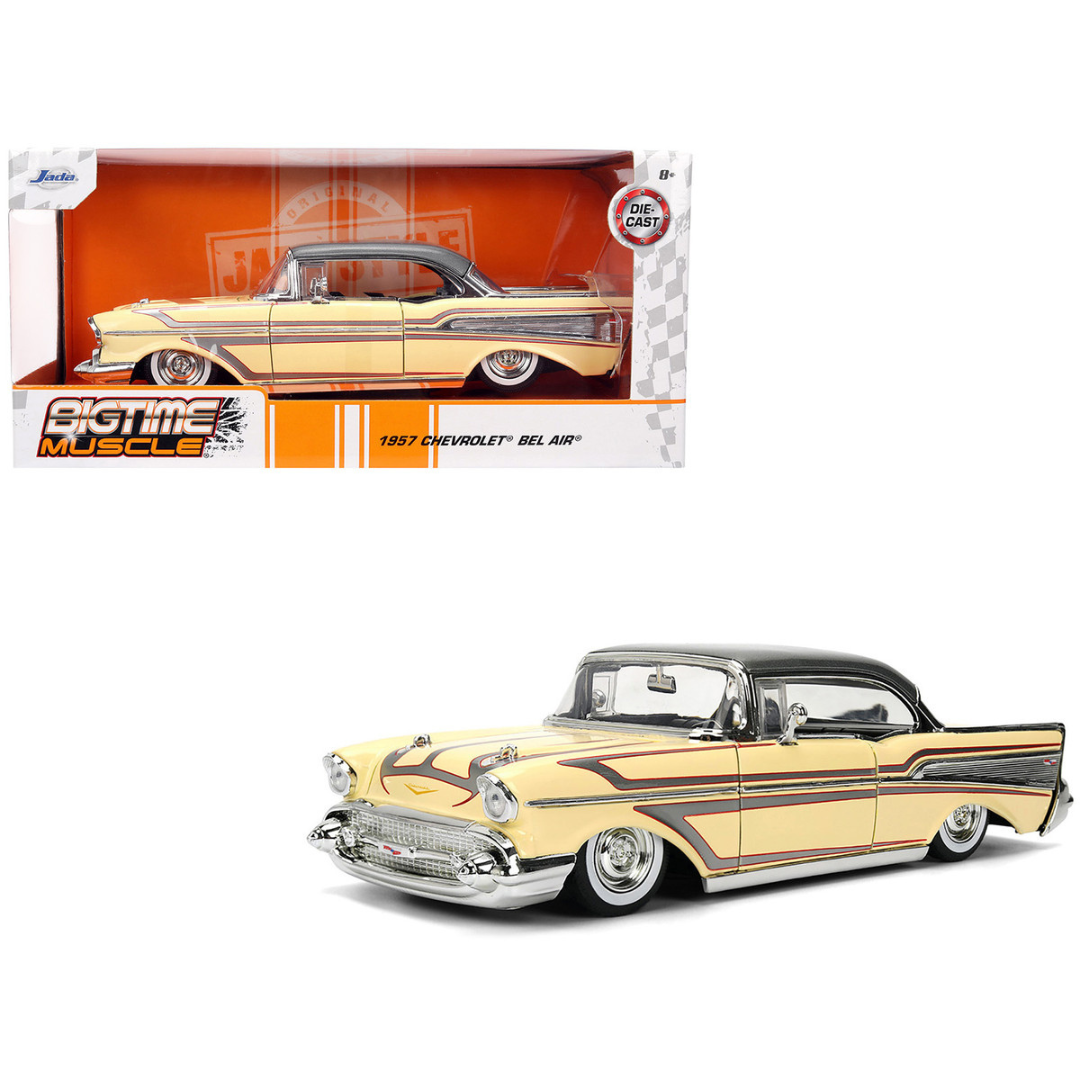 1957 Chevrolet Bel Air Cream with Graphics and Gray Metallic Top "Bigtime Muscle" Series 1/24 Diecast Model Car