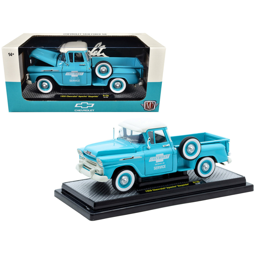 1958 Chevrolet Apache Stepside Pickup Truck "Chevrolet Service" Light Blue with White Top Limited Edition to 6650 pieces Worldwide 1/24 Diecast Model Car