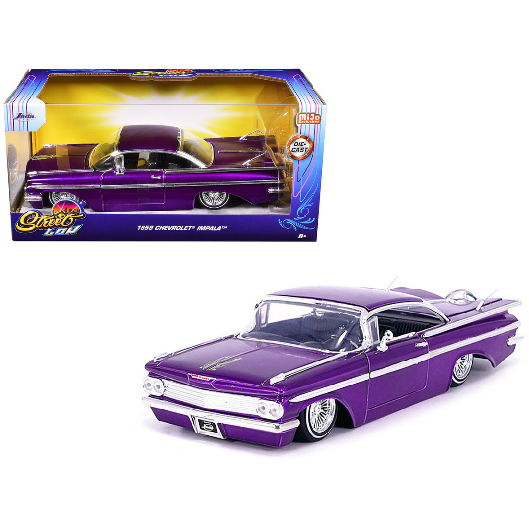 1959 Chevrolet Impala Lowrider Candy Purple with Wire Wheels "Street Low" Series 1/24 Diecast Model Car