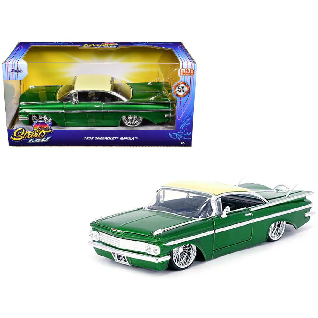 1959 Chevrolet Impala Lowrider Green Metallic with Cream Top and DUB Wire Wheels "Street Low" Series 1/24 Diecast Model Car