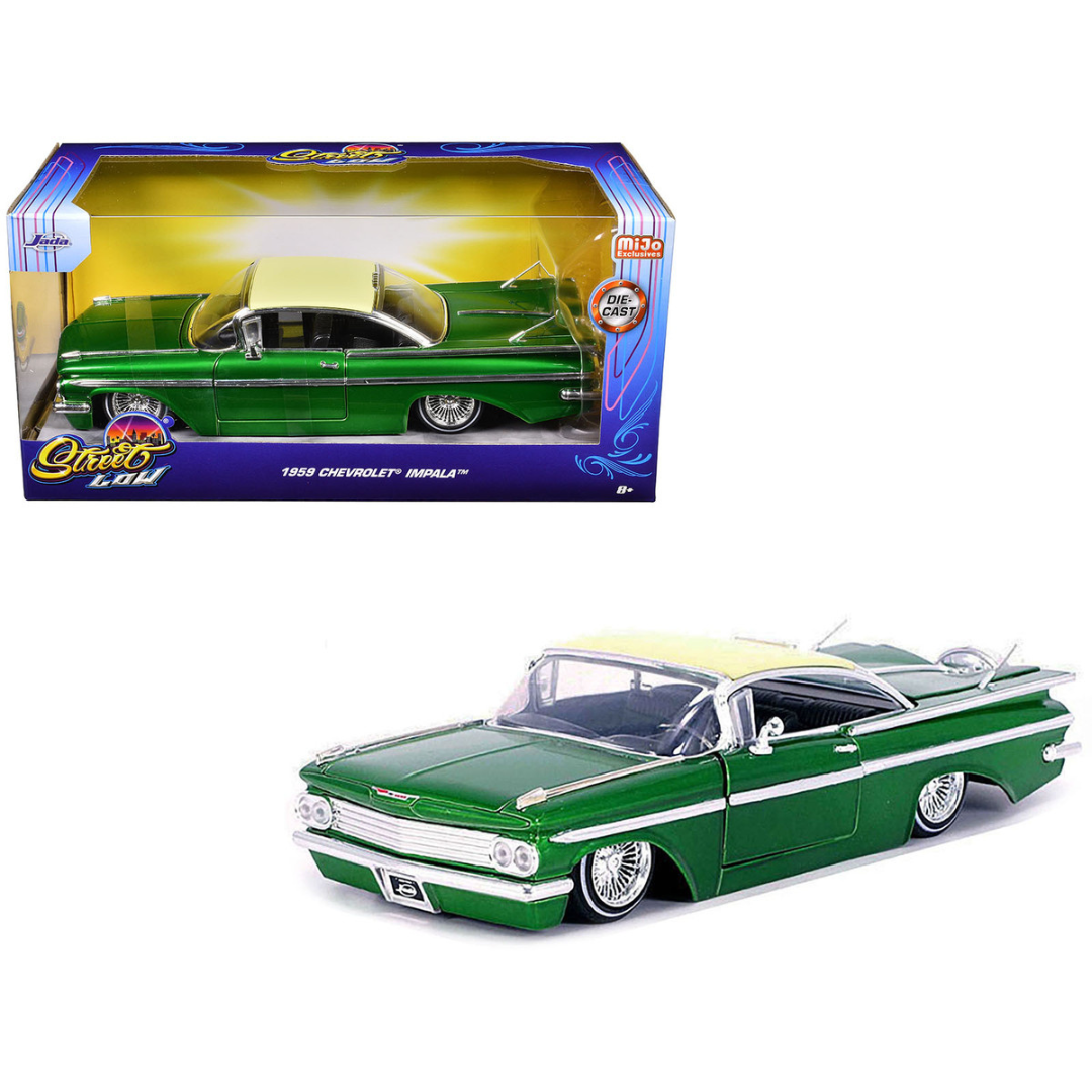 1959 Chevrolet Impala Lowrider Green Metallic with Cream Top and Wire Wheels "Street Low" Series 1/24 Diecast Model Car