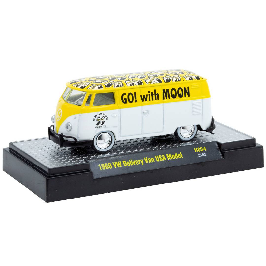 1960 Volkswagen Delivery Van USA Model "MoonEyes" White and Yellow with Top Graphics and White Interior Limited Edition to 5236 pieces Worldwide 1/64 Diecast Model Car