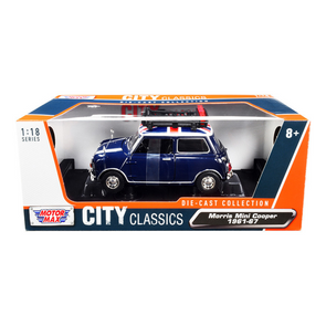 1961-1967-morris-mini-cooper-rhd-right-hand-drive-dark-blue-with-british-flag-on-the-top-and-roof-rack-city-classics-series-1-18-diecast-model-car-by-motormax