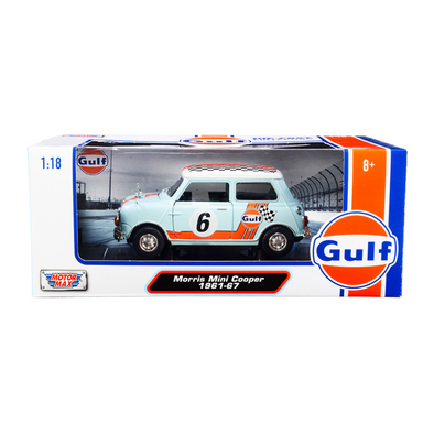 1961-1967-morris-mini-cooper-rhd-right-hand-drive-6-gulf-oil-light-blue-with-orange-stripes-and-checkered-top-city-classics-series-1-18-diecast-model-car-by-motormax