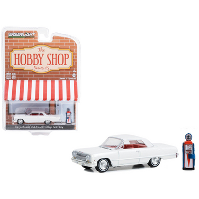 1963-chevrolet-bel-air-white-with-orange-interior-and-vintage-gas-pump-the-hobby-shop-series-15-1-64-diecast-model-car-by-greenlight