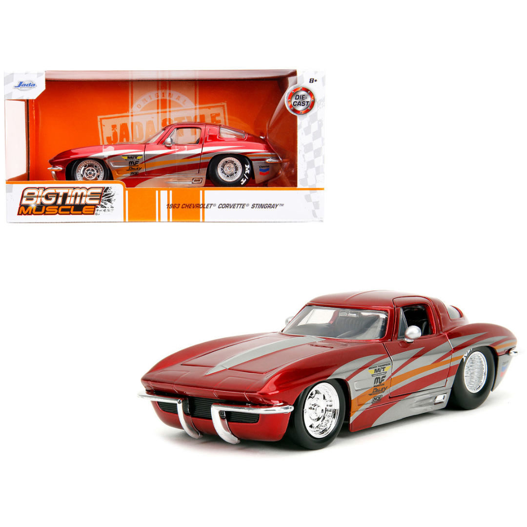 1963-chevrolet-corvette-stingray-red-metallic-1-24-diecast-model-car-by-jada