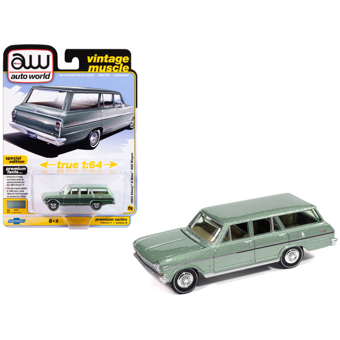 1963 Chevrolet II Nova 400 Wagon Laurel Green Metallic "Vintage Muscle" Series 1/64 Diecast Model Car