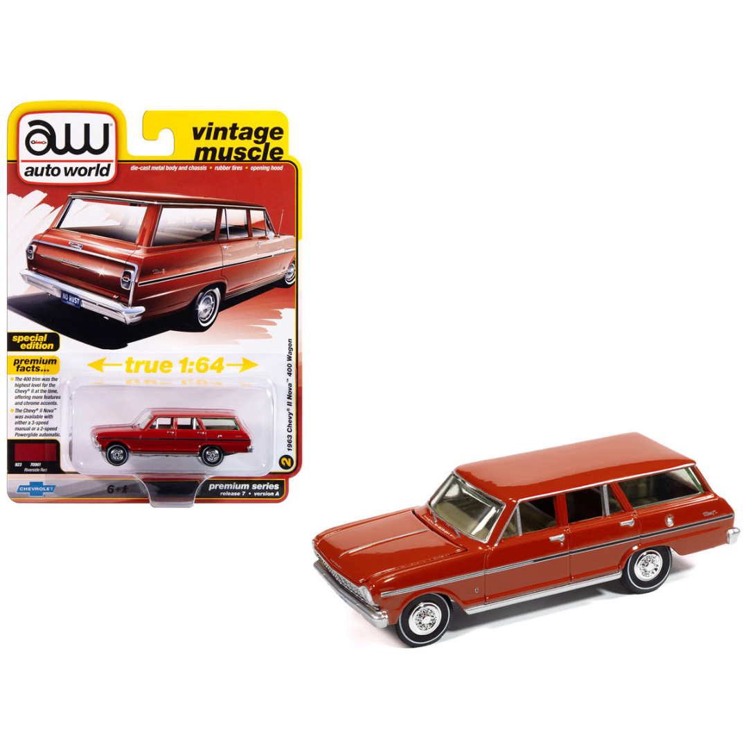 1963 Chevrolet II Nova 400 Wagon Riverside Red "Vintage Muscle" Series 1/64 Diecast Model Car