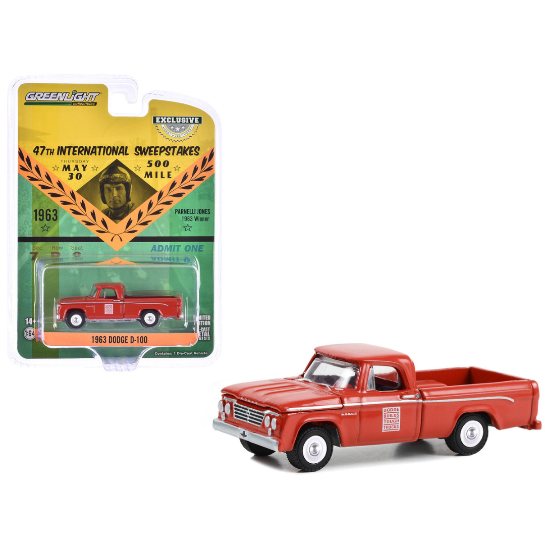 1963 Dodge D-100 Pickup Truck "47th International 500 Mile Sweepstakes - Indianapolis 500 Official Truck" Red "Hobby Exclusive" Series 1/64 Diecast Model Car