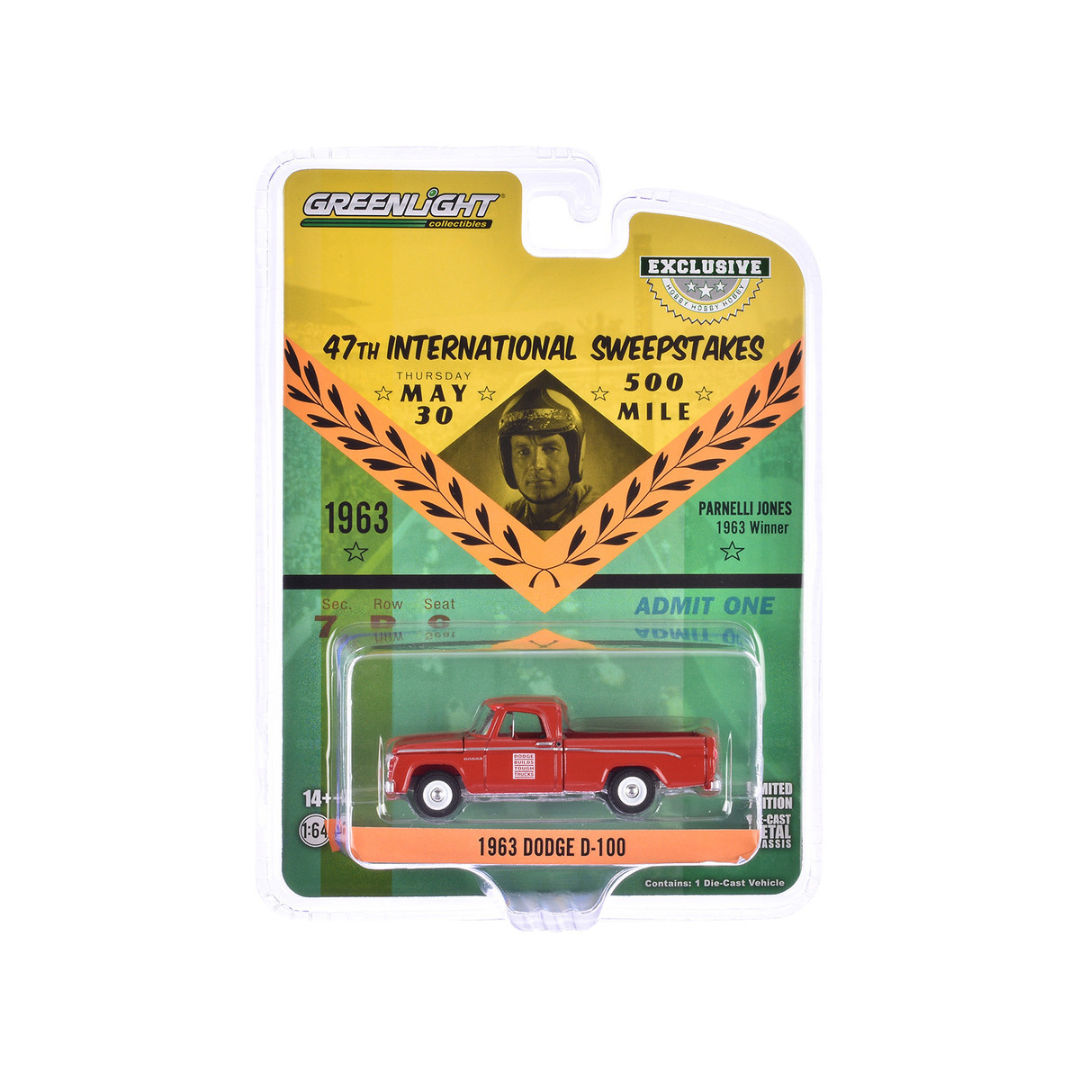 1963 Dodge D-100 Pickup Truck "47th International 500 Mile Sweepstakes - Indianapolis 500 Official Truck" Red "Hobby Exclusive" Series 1/64 Diecast Model Car