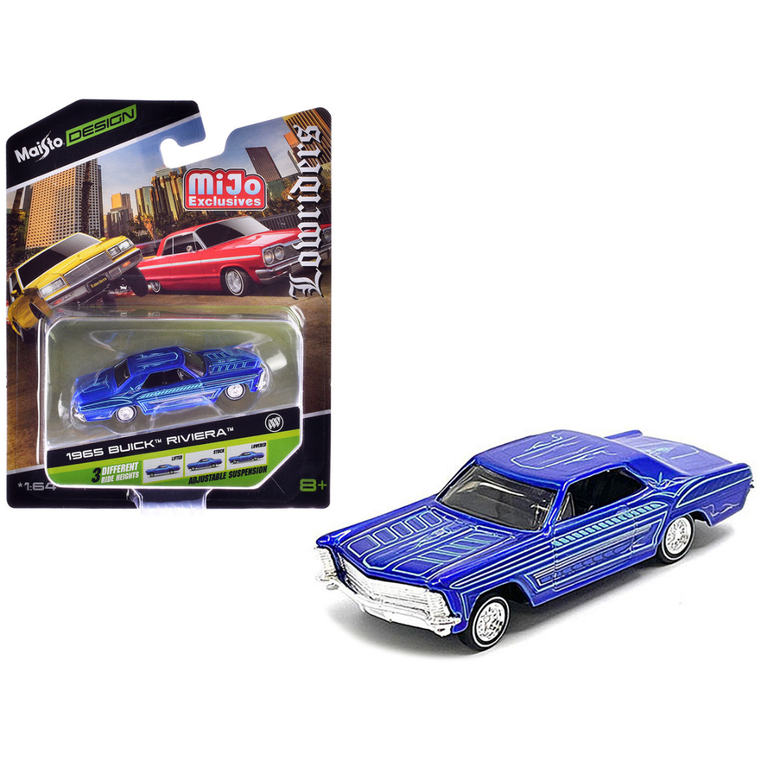 1965 Buick Riviera Candy Blue with Graphics "Lowriders" "Maisto Design" Series 1/64 Diecast Model Car
