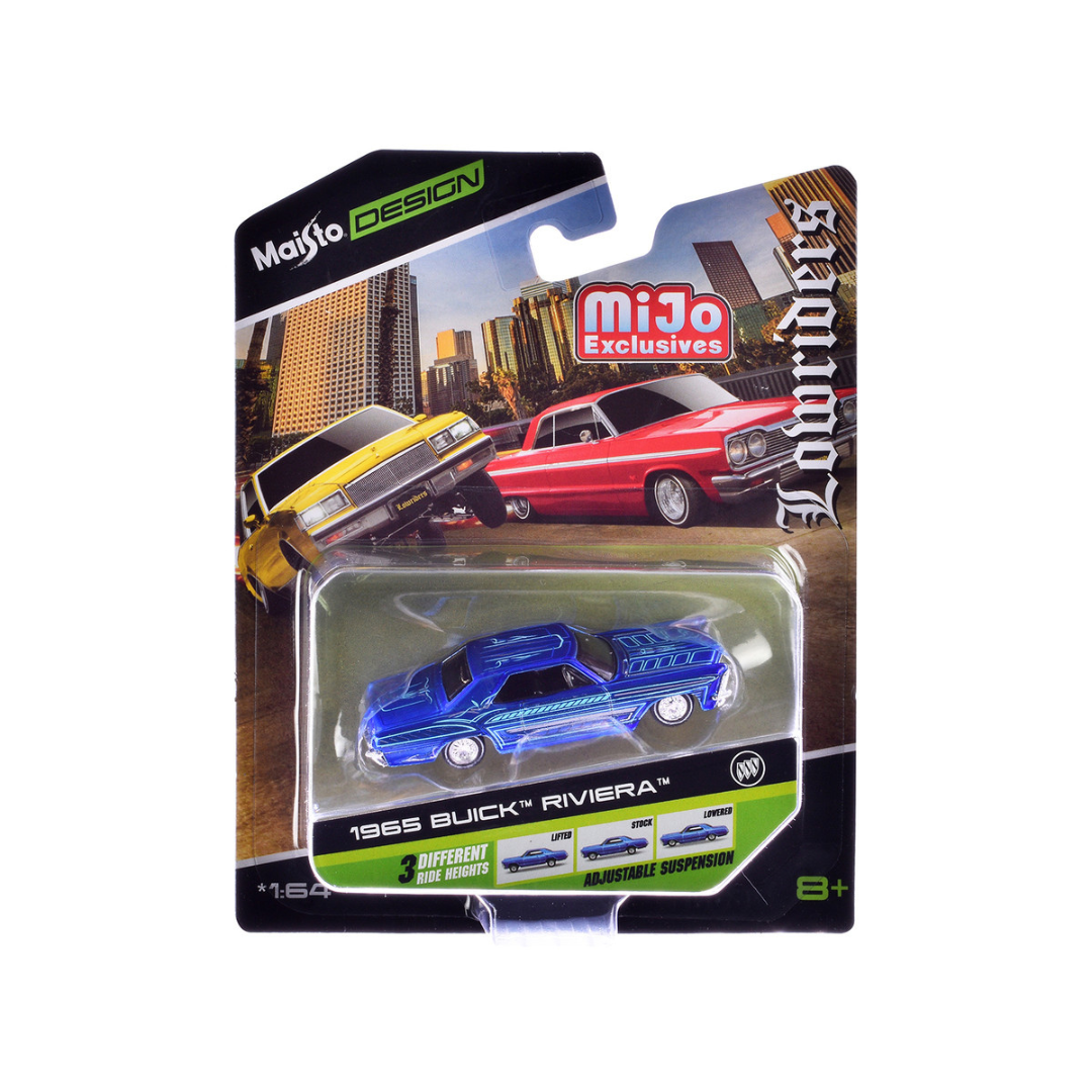 1965 Buick Riviera Candy Blue with Graphics "Lowriders" "Maisto Design" Series 1/64 Diecast Model Car