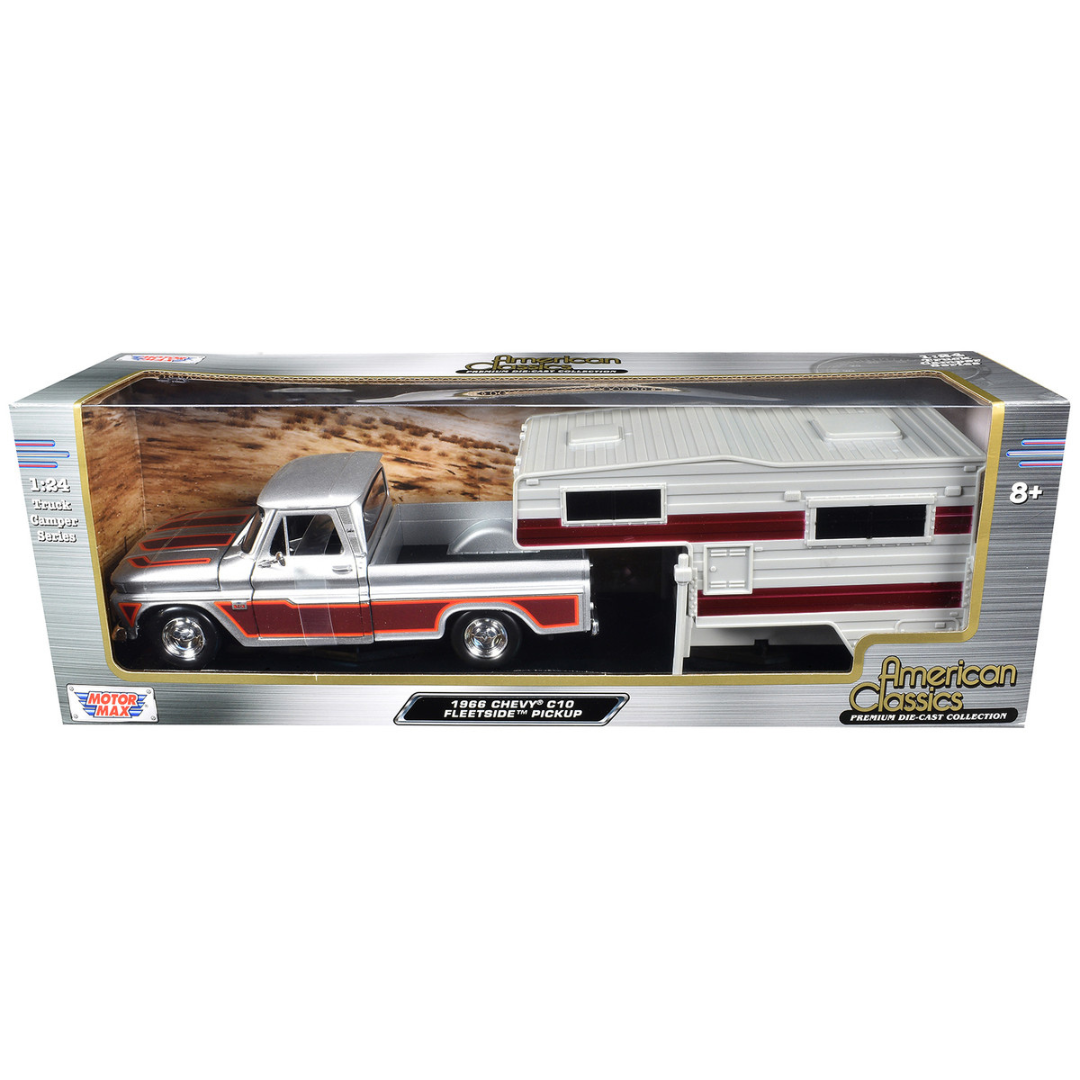 1966 Chevrolet C10 Fleetside Pickup Truck Silver Metallic with Brown Sides with Camper Shell "American Classics" Series 1/24 Diecast Model Car