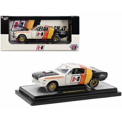 1966-ford-mustang-fastback-2-2-off-white-and-black-with-red-and-yellow-stripes-hurst-shifters-limited-edition-1-24-diecast-model-car