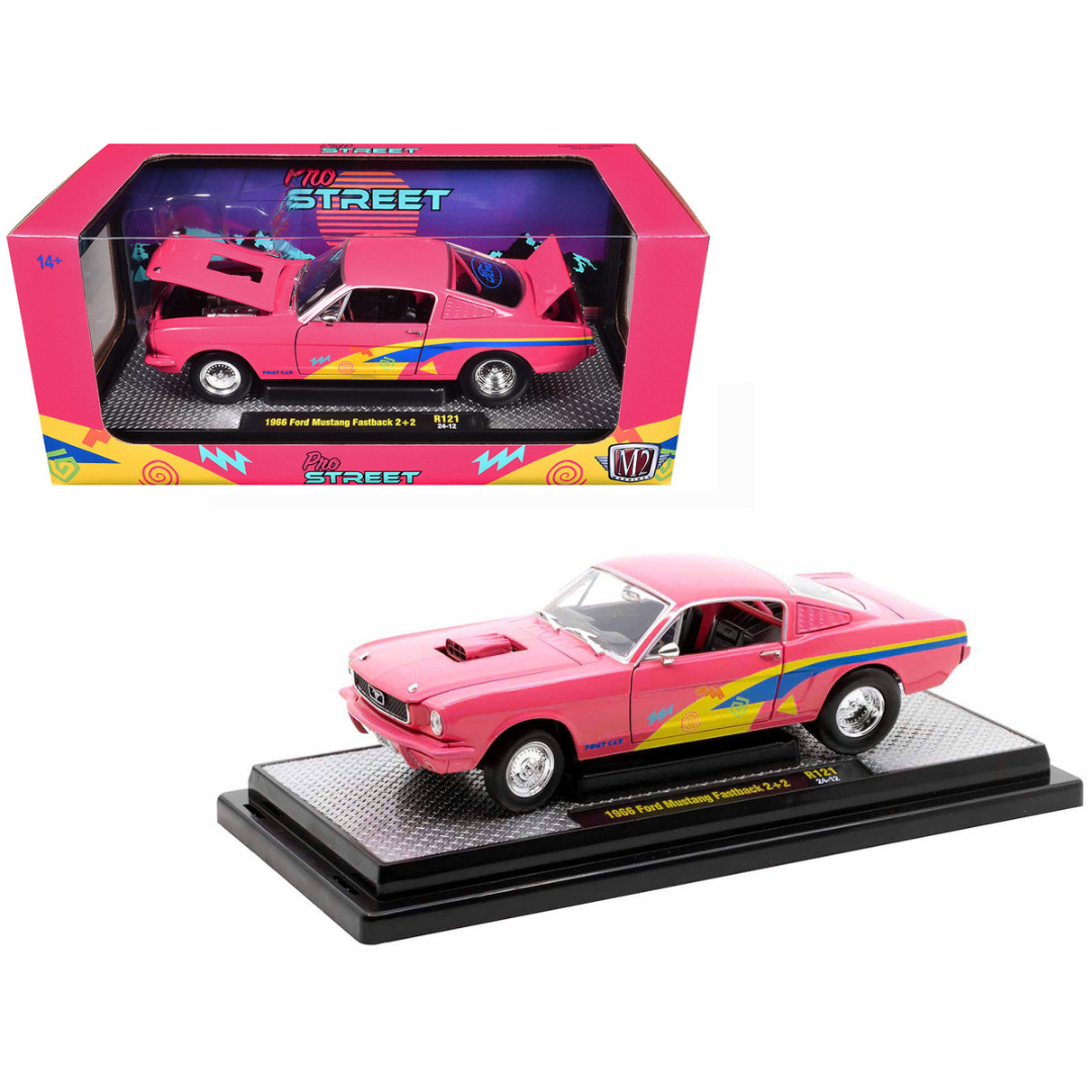 1966 Ford Mustang Fastback 2+2 Pink with Blue and Yellow Stripes "Pro Street" Limited Edition 1/24 Diecast Model Car