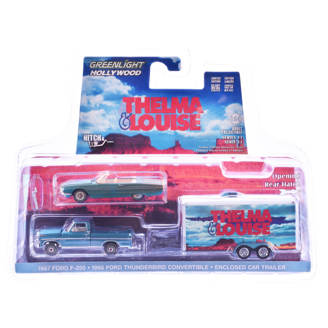 1966 Ford Thunderbird Convertible Blue (Dust Covered) and 1967 Ford F-250 Pickup Truck Blue with Enclosed Car Hauler "Thelma & Louise" (1991) Movie "Hollywood Hitch & Tow" Series 13 1/64 Diecast Model Cars