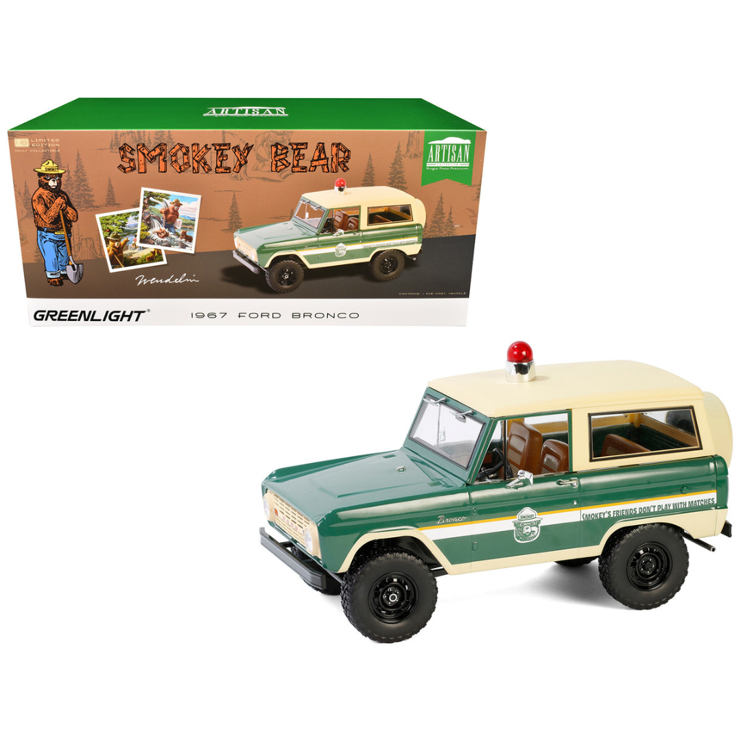 1967 Ford Bronco "Smokey Bear Forest Ranger" Green and Cream with White Stripes "Artisan Collection" 1/18 Diecast Model Car