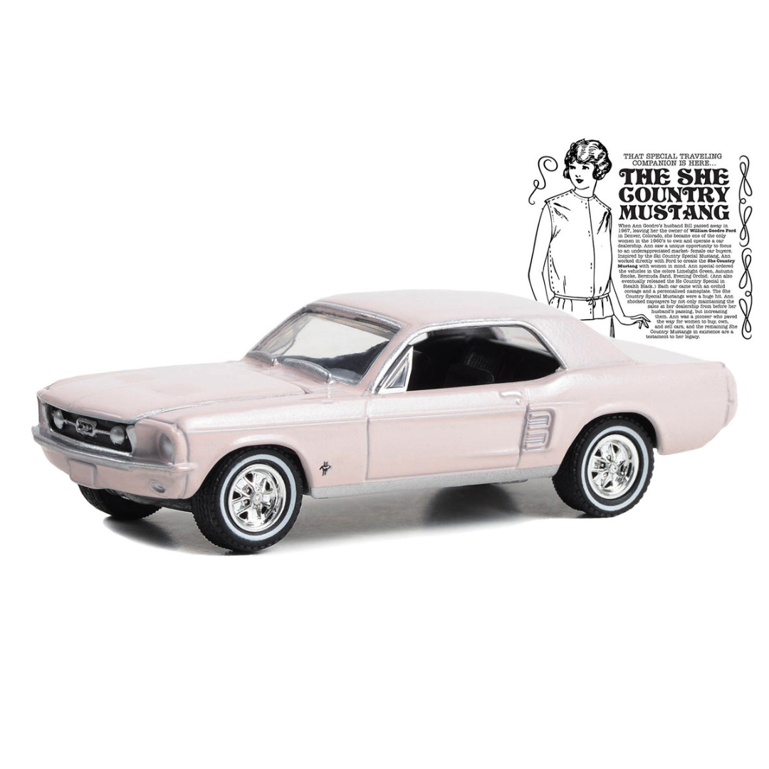 1967 Ford Mustang Coupe "She Country Special - Bill Goodro Ford Denver Colorado" Bermuda Sand "Hobby Exclusive" Series 1/64 Diecast Model Car
