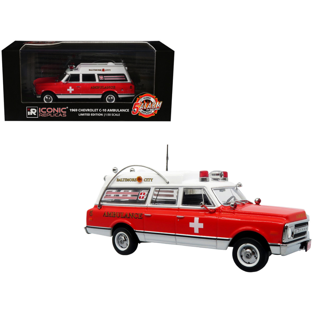 1969 Chevrolet C-10 Ambulance "Baltimore City Fire Department" White and Red "5 Alarm" Series Limited Edition 1/50 Diecast Model