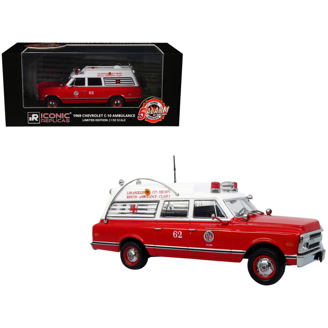 1969 Chevrolet C-10 Ambulance "Los Angeles City Fire Department" Red and White "5 Alarm" Series Limited Edition 1/50 Diecast Model