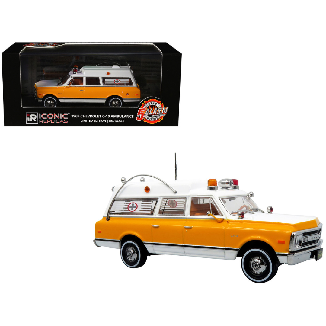 1969 Chevrolet C-10 Ambulance "Rampart General Hospital" White and Yellow "5 Alarm" Series Limited Edition 1/50 Diecast Model
