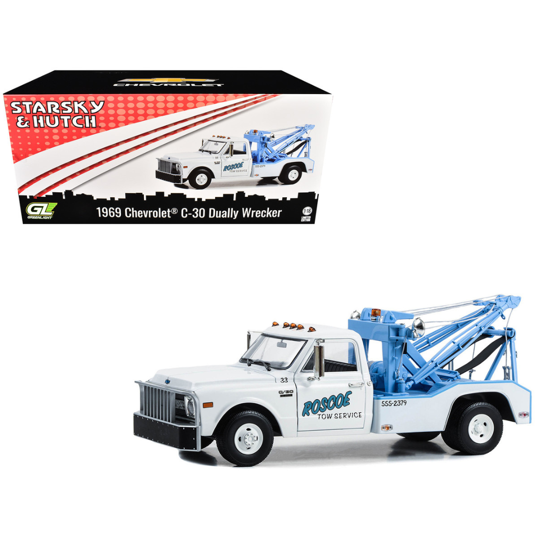 1969 Chevrolet C-30 Dually Wrecker Tow Truck "Roscoe Tow Service" White "Starsky and Hutch" (1975-1979) TV Series 1/18 Diecast Model Car