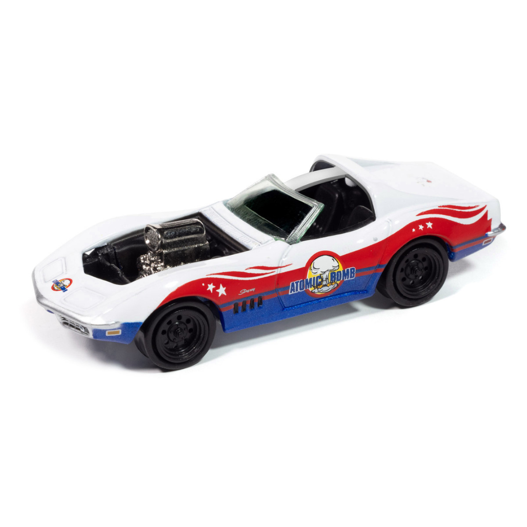 1969 Chevrolet Corvette "Atomic Bomb" White with Red and Blue Graphics "Stuntman Mike's Ride Along Racing" "Pop Culture" 2025 Release 1 1/64 Diecast Model Car