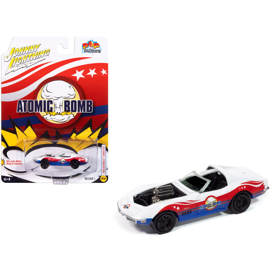 1969 Chevrolet Corvette "Atomic Bomb" White with Red and Blue Graphics "Stuntman Mike's Ride Along Racing" "Pop Culture" 2025 Release 1 1/64 Diecast Model Car