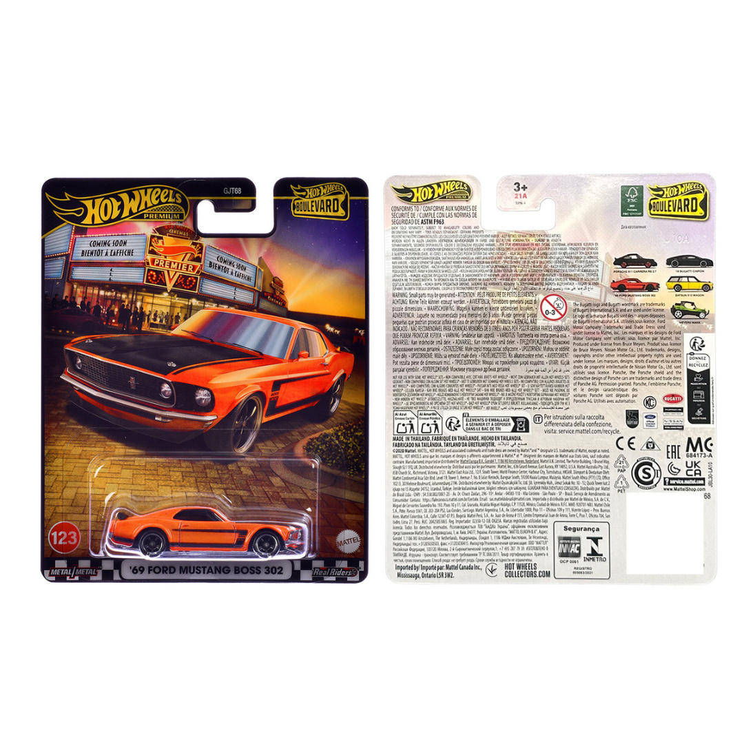 1969 Ford Mustang Boss 302 Orange with Black Stripes and Hood "Boulevard" Series Diecast Model Car