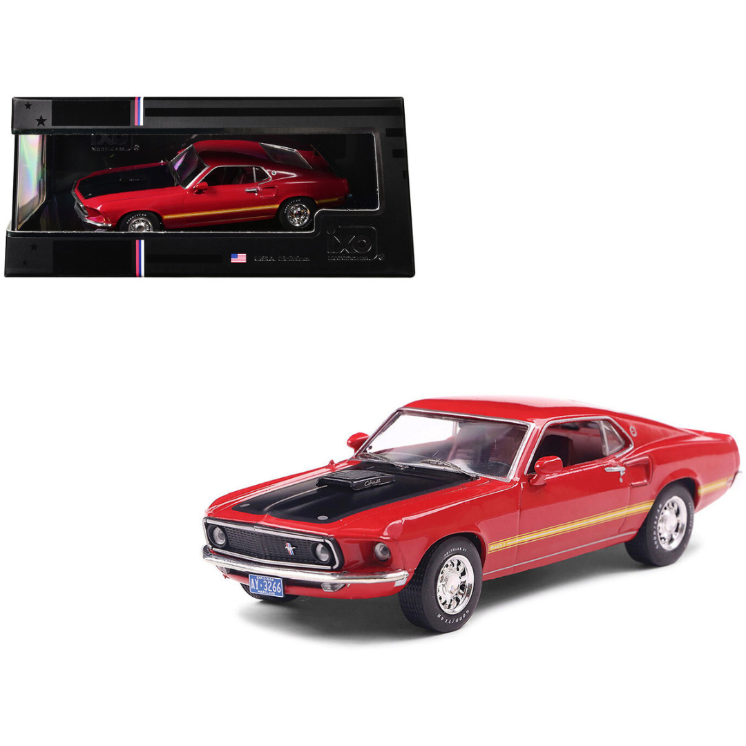 1969 Ford Mustang Mach 1 Calypso Coral Red with Black Hood and Yellow Stripes 1/43 Diecast Model Car