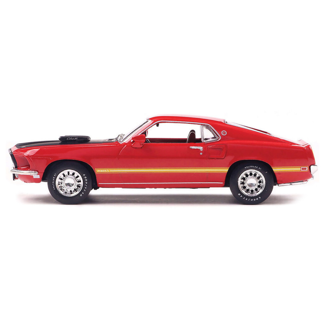 1969 Ford Mustang Mach 1 Calypso Coral Red with Black Hood and Yellow Stripes 1/43 Diecast Model Car