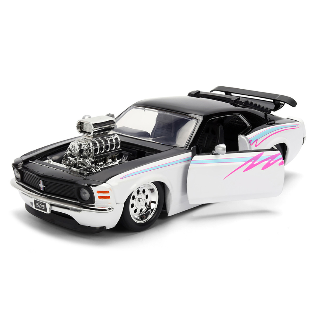 1970 Ford Mustang Boss 429 Black and White with Graphics "Bigtime Muscle" Series 1/24 Diecast Model Car