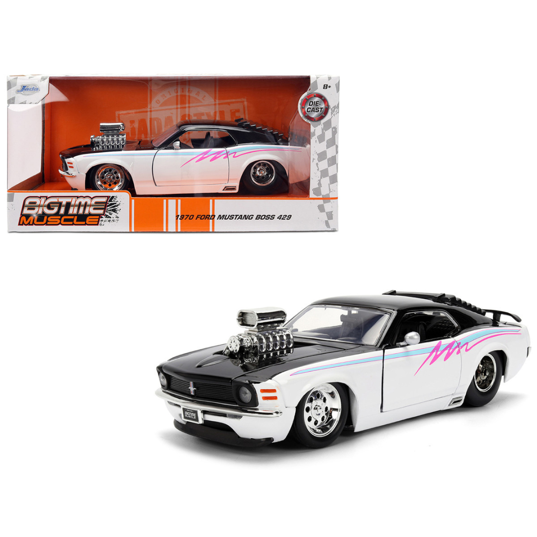 1970 Ford Mustang Boss 429 Black and White with Graphics "Bigtime Muscle" Series 1/24 Diecast Model Car