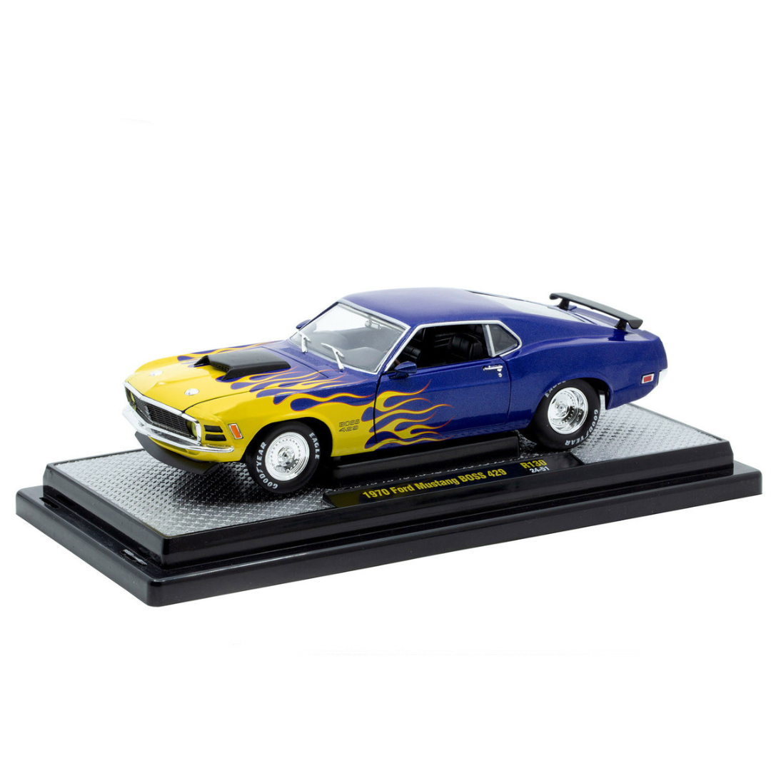 1970 Ford Mustang BOSS 429 Blue Metallic with Flame Graphics Limited Edition to 6650 pieces Worldwide 1/24 Diecast Model Car