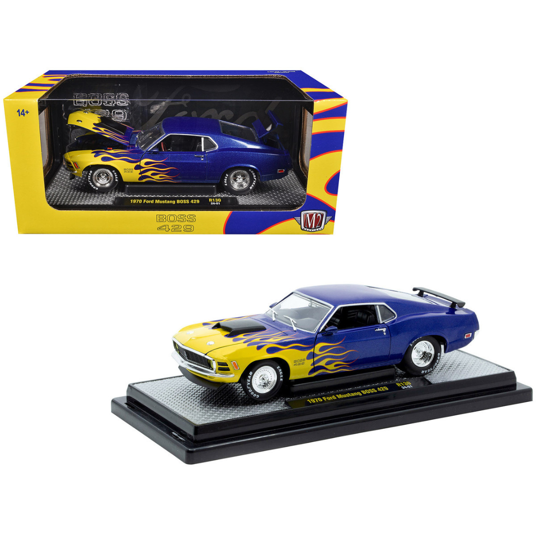 1970 Ford Mustang BOSS 429 Blue Metallic with Flame Graphics Limited Edition to 6650 pieces Worldwide 1/24 Diecast Model Car