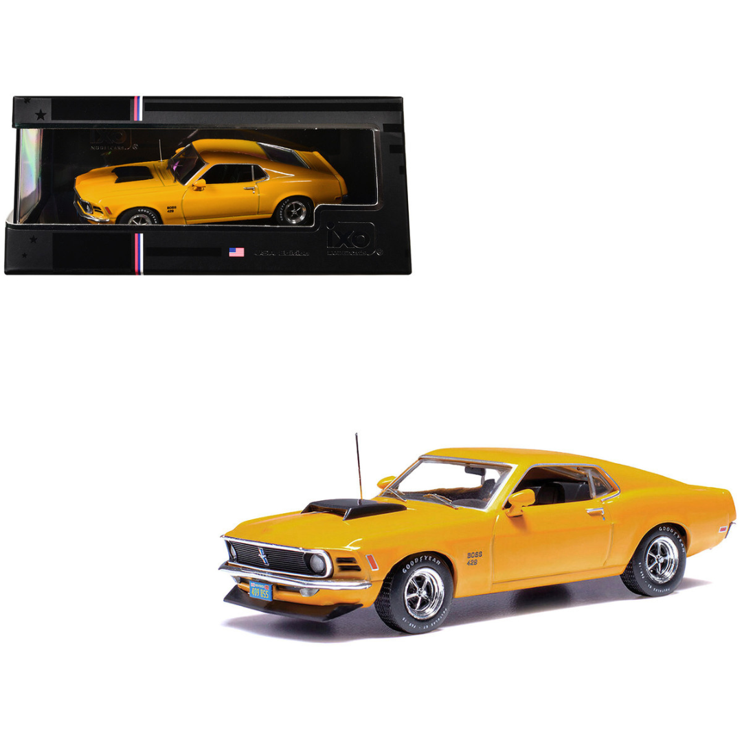 1970 Ford Mustang Boss 429 Bright Yellow with Black Hood Scoop 1/43 Diecast Model Car