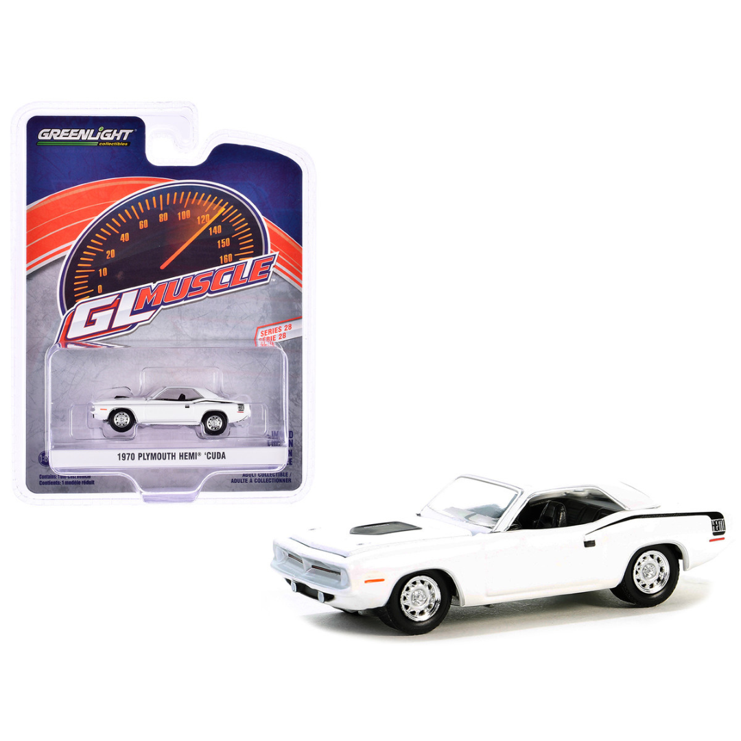 1970 Plymouth Hemi Barracuda Alpine White with Black Stripes "GreenLight Muscle" Series 28 1/64 Diecast Model Car