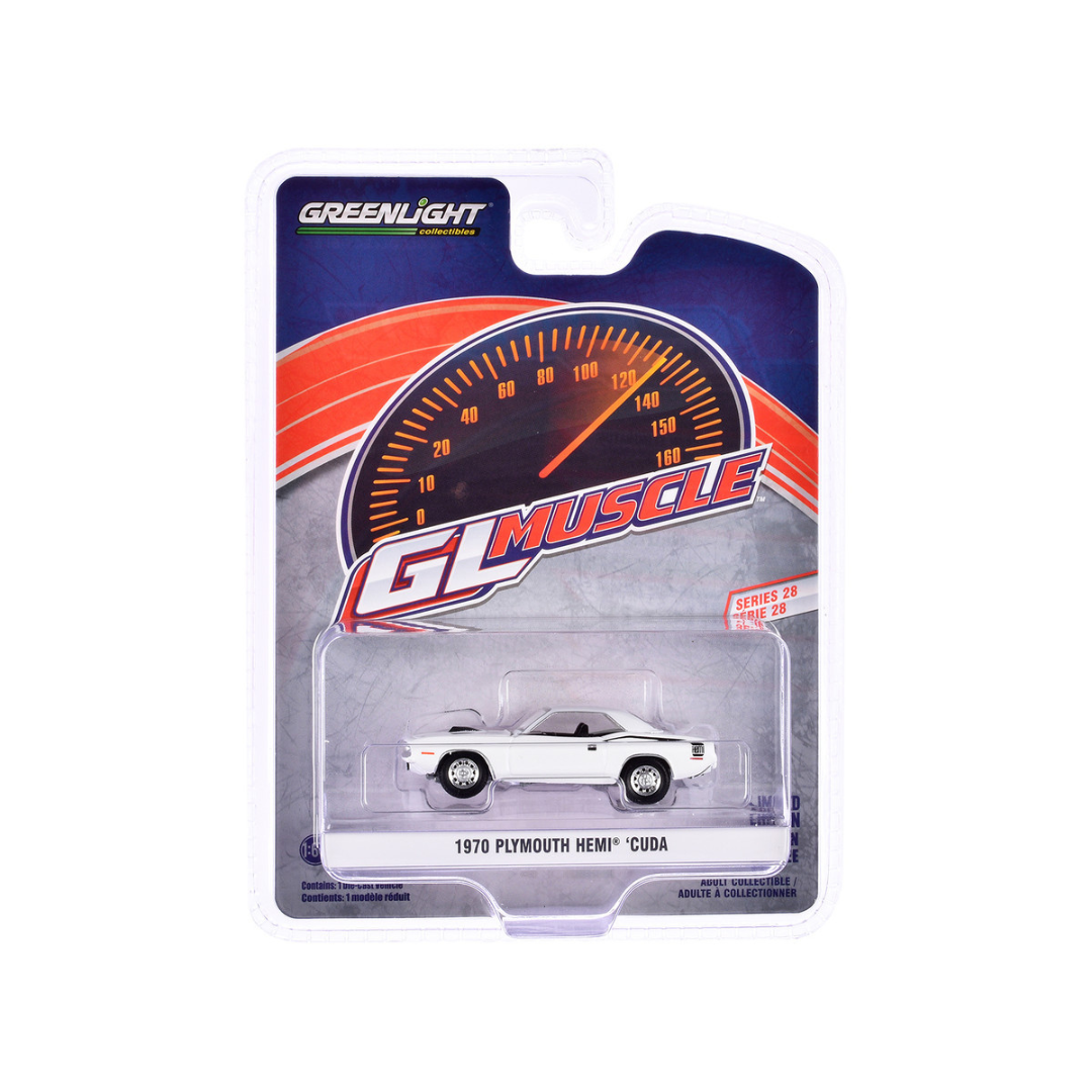 1970 Plymouth Hemi Barracuda Alpine White with Black Stripes "GreenLight Muscle" Series 28 1/64 Diecast Model Car